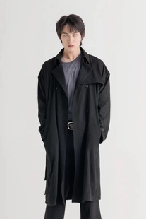 AaNn 简约宽松通勤双排扣风衣外套 normcore细斜纹麂皮黑灰长款