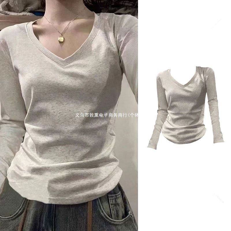 纯色V领长袖T恤打底衫女新款2026春秋修身内搭修身显瘦学生上衣潮