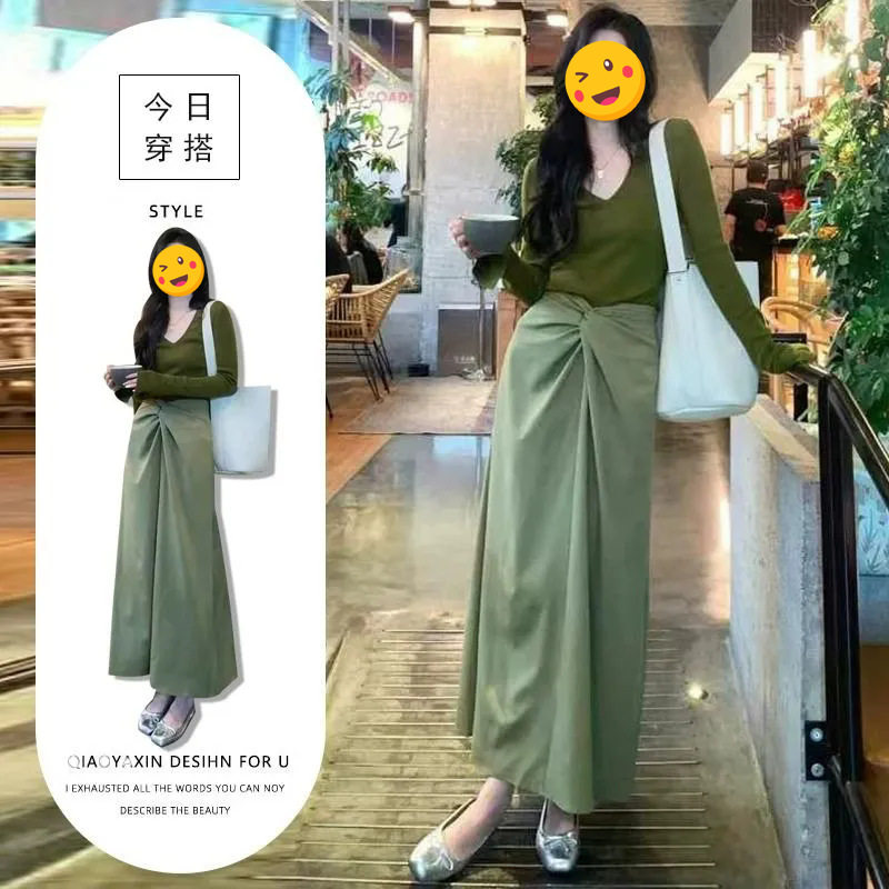 轻熟气质春季套装绿色V领长袖针织衫上衣女高腰扭结半身裙两件套