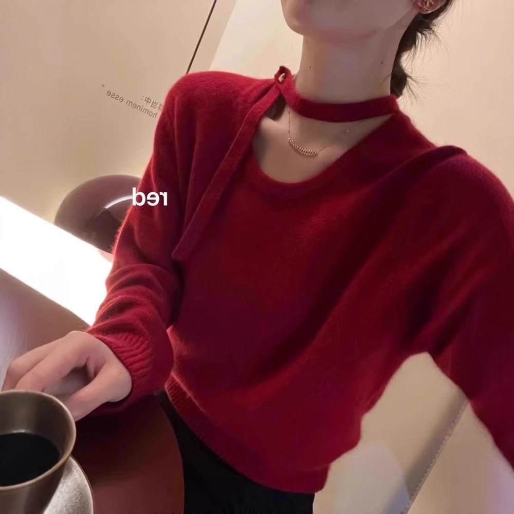 红色挂脖飘带浣熊绒毛衣女秋冬设计感内搭打底针织衫洋气独特上衣