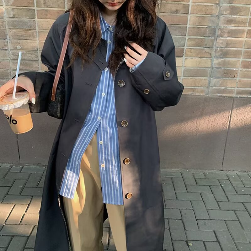翻领格子风衣外套女2026新款春秋中长款百搭休闲宽松黑色时尚大衣
