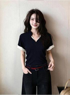 黑色V领正肩短袖t恤女夏季女装2026新款夏日ootd穿搭韩系漂亮上衣