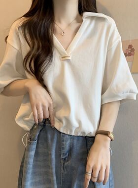 t恤女夏短袖中短款2026新款洋气韩版V领胖mm大码宽松显瘦遮肉上衣