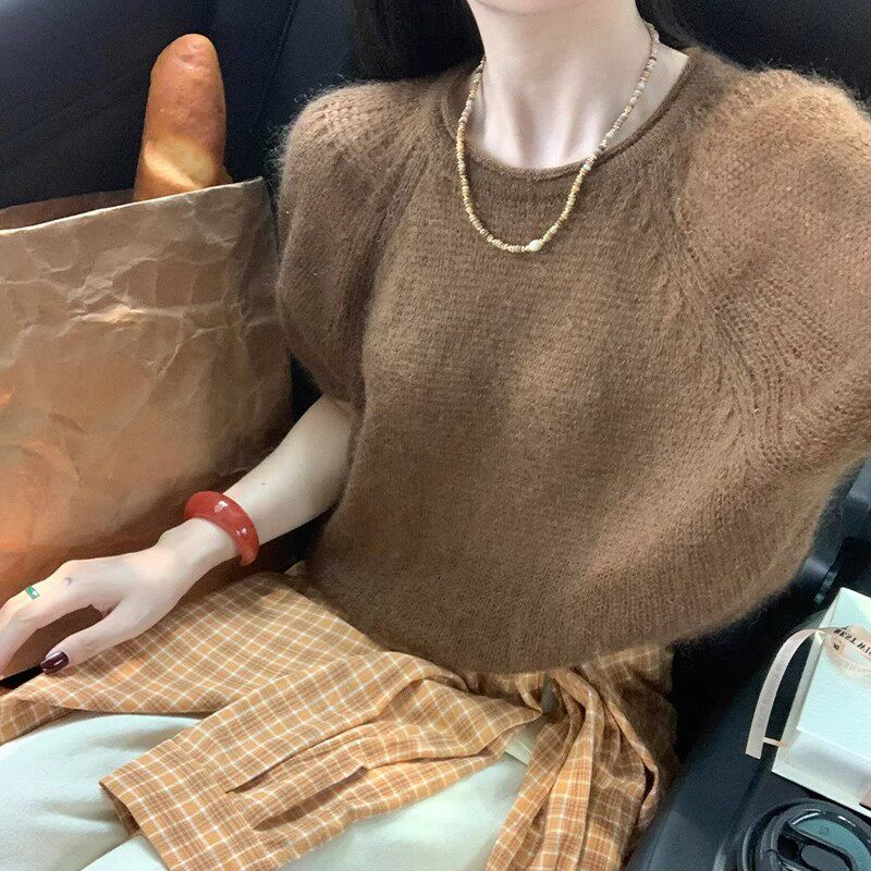 新款小香风白咖色圆领马海毛慵懒风春秋季新款叠穿短袖针织衫