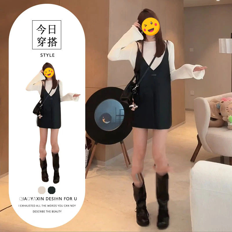 小个子时髦穿搭两件套秋季新款时尚百搭长袖上衣高级感黑色吊带裙