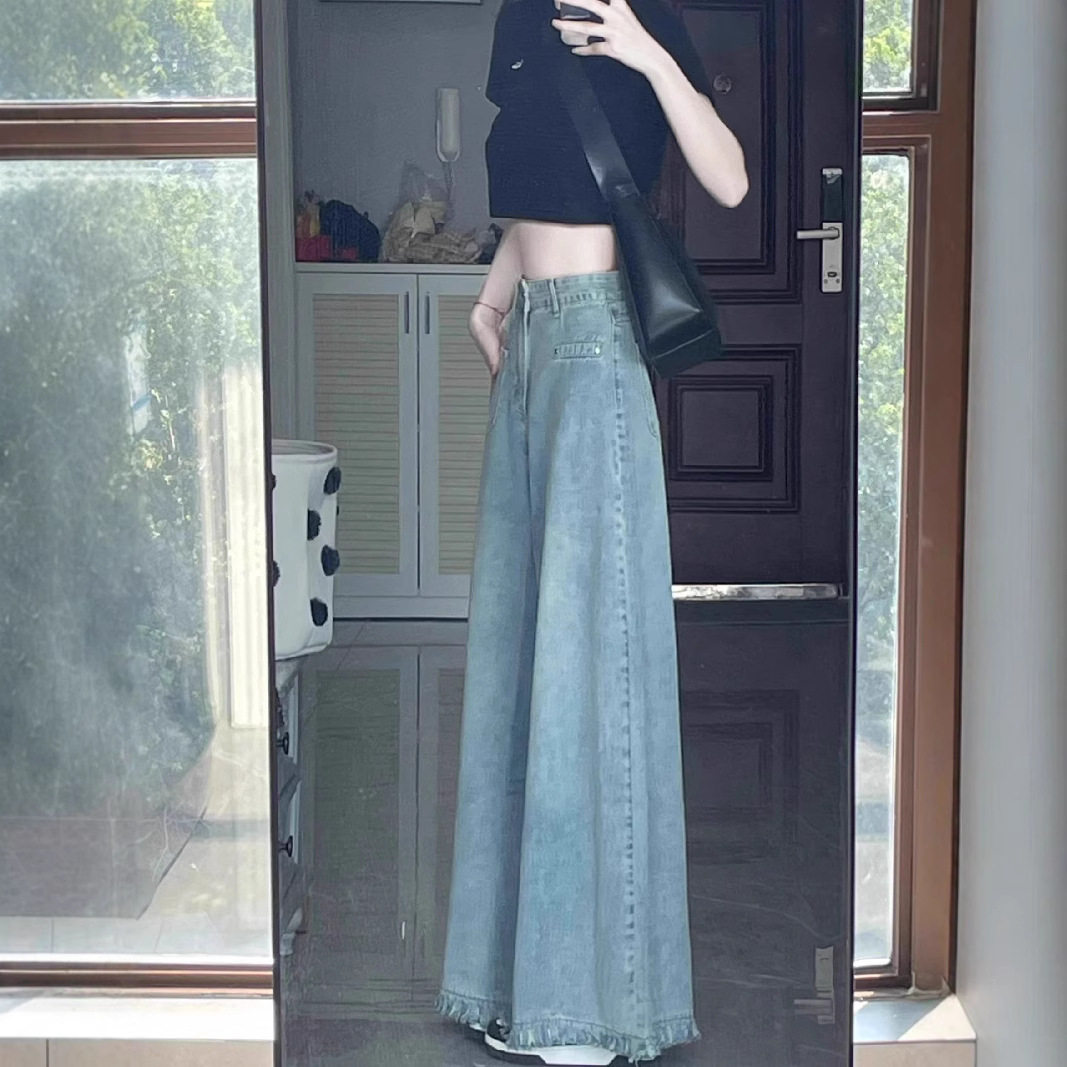 大码浅蓝色复古流苏毛边拖地牛仔裤女秋季高腰直筒宽松大阔腿裤子