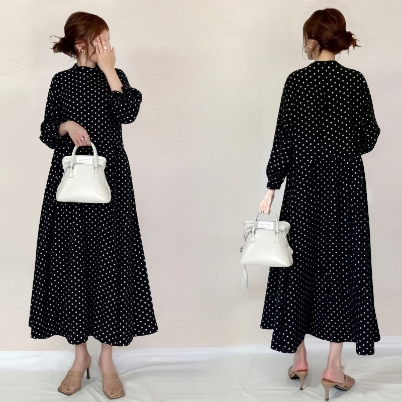 跨境日系春秋季新款女 立领波点面拼接宽松长袖衬衫连衣裙圆点