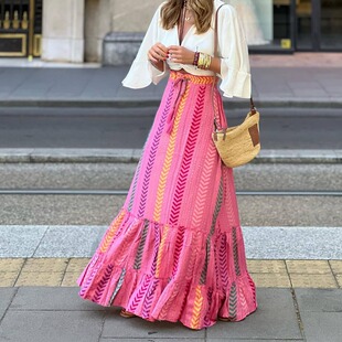 欧美跨境新款 2026亚马逊波西米亚度假风印花大摆半身裙女 半身裙