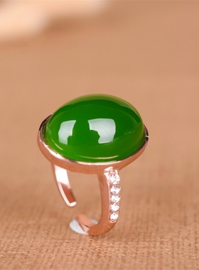 新疆和田老坑碧玉椭圆单圈可调节925银女士款戒指碧玉13x17mm