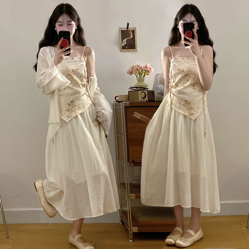 胖MM新中式吊带裙春夏显瘦两件套