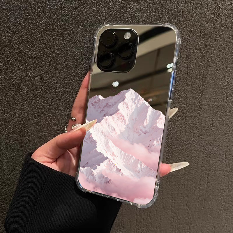粉白雪山镜面手机壳适用iPhone17promax爱如云端苹果1613浪漫OPPOReno14镜子三星S25华为P80VIVO小米15一加13