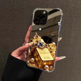 黄金镜面手机壳适用iPhone17promax宝石皇冠苹果16华为Mate70金条小米15暴富OPPOReno好运镜面VIVOS20k80镜子