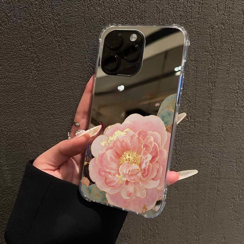 新中式牡丹花镜面手机壳适用iPhone16promax荣耀200花开富贵华为Mate70高级感小米15OPPO情侣VIVOS20富贵三星