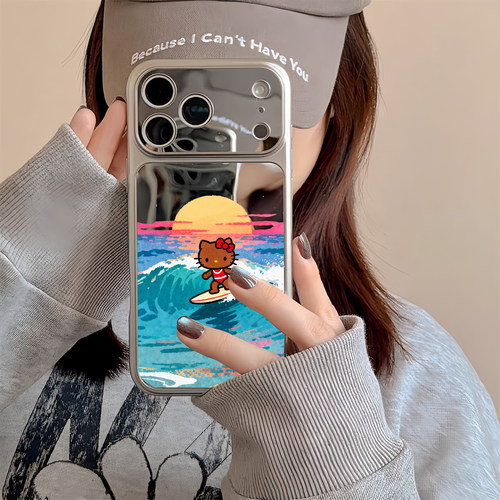 夏天黑皮kitty手机壳镜面适用iPhone17promax苹果16pro镜面15大视窗13可爱17pro卡通kt猫1412软胶15补妆镜子