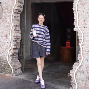 经典 25春夏新款 灰蓝条纹 全棉宽松休闲女款 T恤 长袖 INSIST