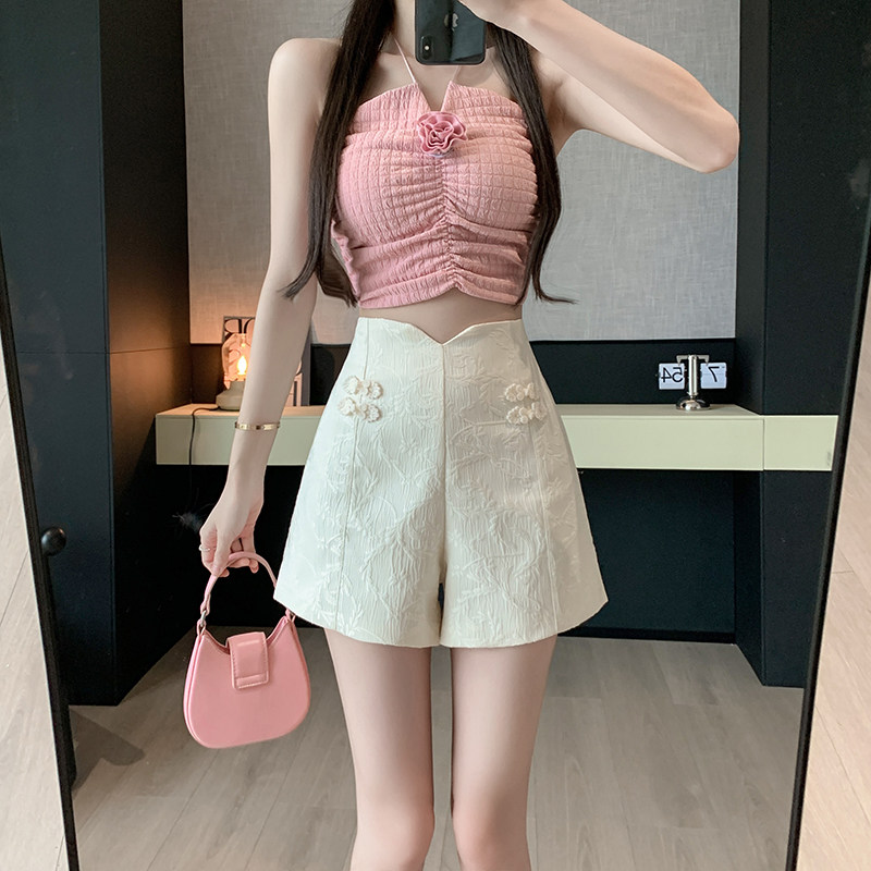 新中式提花盘扣短裤女2024春夏高腰显瘦百搭外穿新中式国风阔腿裤