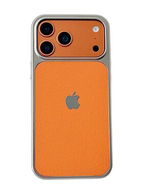电镀高级感橙色荔枝皮纹适用于苹果17promax/16pro/15pro/14/13promax轻奢简约白色防摔全包手机壳
