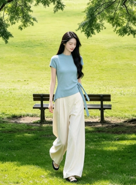 高级感蓝色正肩短袖t恤女士夏季2026新款不规则绑带上衣短款修身