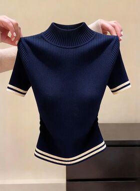 黑色条纹半高领正肩短袖T恤女夏季独特漂亮巨好看针织衫修身上衣
