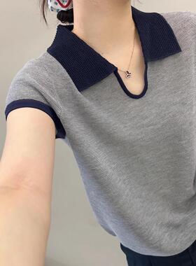别致翻领撞色小众薄款针织衫女夏季新款气质显瘦正肩短袖套头上衣