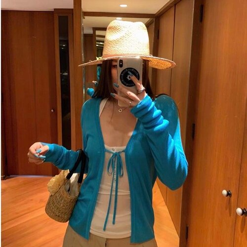 蓝色冰丝针织V领开衫女早秋薄款