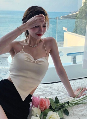 性感纯欲氛围感绑带露背上衣夏季辣妹chic挂脖链条吊带抹胸背心