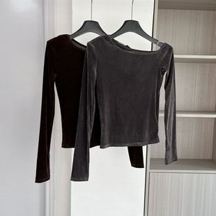 打底衣女内搭高级感可外穿2025新款女特别漂亮掐腰一字领丝绒上衣
