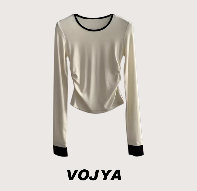 VOJYA小众潮牌打底衫24新款春秋冬圆领长袖短款上衣缩褶撞色T恤女,女装/女士精品,大码内搭,淘宝优惠券,粉丝福利购,淘宝优惠卷