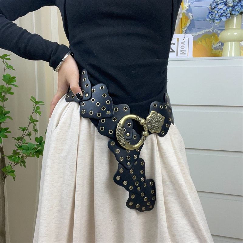 美式复古扇形镂空腰封配连衣裙子牛仔裤夸张配饰腰带美拉德棕色女