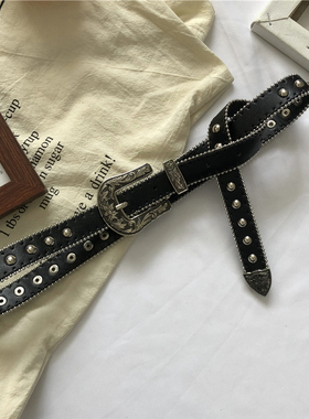 网红ins风黑色腰带女士潮铆钉皮带百搭牛仔裤带简约韩版时尚腰封