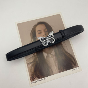 高级感水钻蝴蝶真皮腰带女装饰y2k简约牛皮皮带百搭牛仔裤带黑色