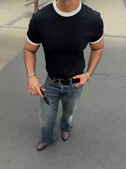 Blank Map American Style Old Money Cleanfit Ribbed Color-Block Slim Fit Stretchy Cuff-Enhancing Short-Sleeve T-Shirt for Men