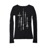 TEAMGEEK 打底T恤 金属排扣亨利衫 兵器图腾印花不规则螺纹修身 长袖