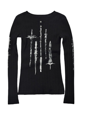 TEAMGEEK 兵器图腾印花不规则螺纹修身长袖金属排扣亨利衫打底T恤