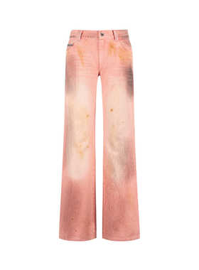 TEAMGEEK 24FW Dirge 粉色喷染做旧垃圾摇滚低腰微喇合身牛仔裤女