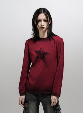 TEAMGEEK 2023FW 炒色脏染星星LOGO纯棉圆领上衣长袖T恤打底衫女