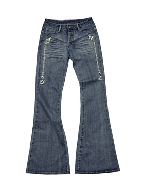 TEAMGEEK 部落图腾刺绣弹力喇叭牛仔裤低腰阔腿长裤