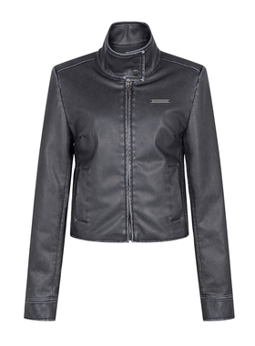 TEAMGEEK 水洗做旧复古皮衣机车摇滚夹克垫肩拉链外套短款修身女