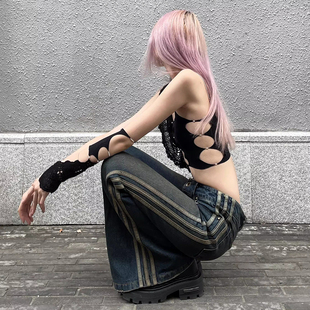 拖地喇叭裤 朋克90S做旧拉腿复古修身 低腰侧条纹牛仔长裤 TEAMGEEK