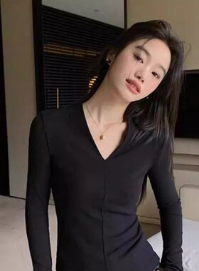 女士德绒V领长袖秋冬季新款t恤性感高级感纯色内搭打底衫磨毛上衣