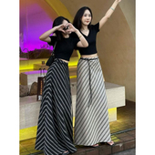 半身裙女夏季 2025新款 今年流行爆款 韩系高级感条纹系带直筒长裙子
