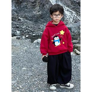 男童卫衣套装红色加绒男孩连帽运动装2025新款儿童一体绒秋冬年服