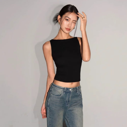 ZY617ZM前幅双层黑色短款美式一字肩无袖吊带背心夏季女