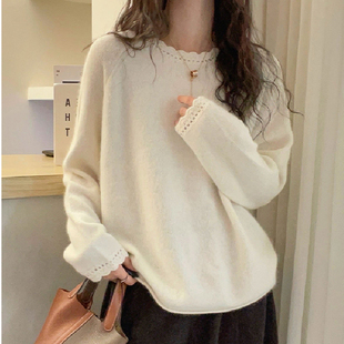 慵懒风圆领羊绒衫女秋冬蕾丝花边宽松显瘦百搭针织衫时尚打底上衣