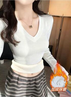 秋冬加厚自发热V领磨毛打底衫t恤女韩系收腰显瘦保暖气质外穿上衣
