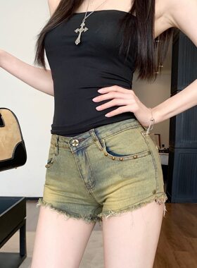 ZY629mm525美式复古做旧低腰牛仔短裤女辣妹修身毛边紧身弹力热裤
