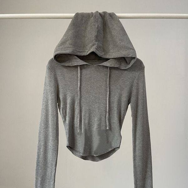 新款辣妹纯色修身长袖套头连帽卫衣女街头高腰显瘦露脐短上衣