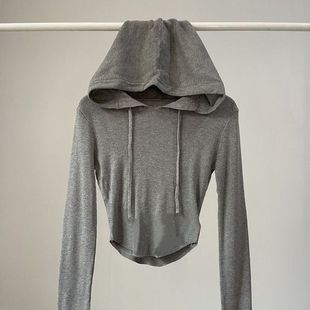 套头连帽卫衣女街头高腰显瘦露脐短上衣 长袖 新款 辣妹纯色修身