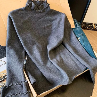 韩式木耳边高领灰色打底衫女秋冬穿搭修身显瘦毛衣内搭上衣