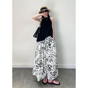气质艺术黑白印花A字阔腿裙裤 W013如花在野 法式